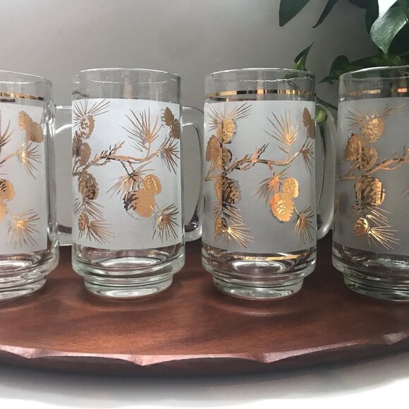 Vintage Libbey Glass Beer Steins Frosted with Gold Pine Cone Pattern Set of 3 - Picture 1 of 6